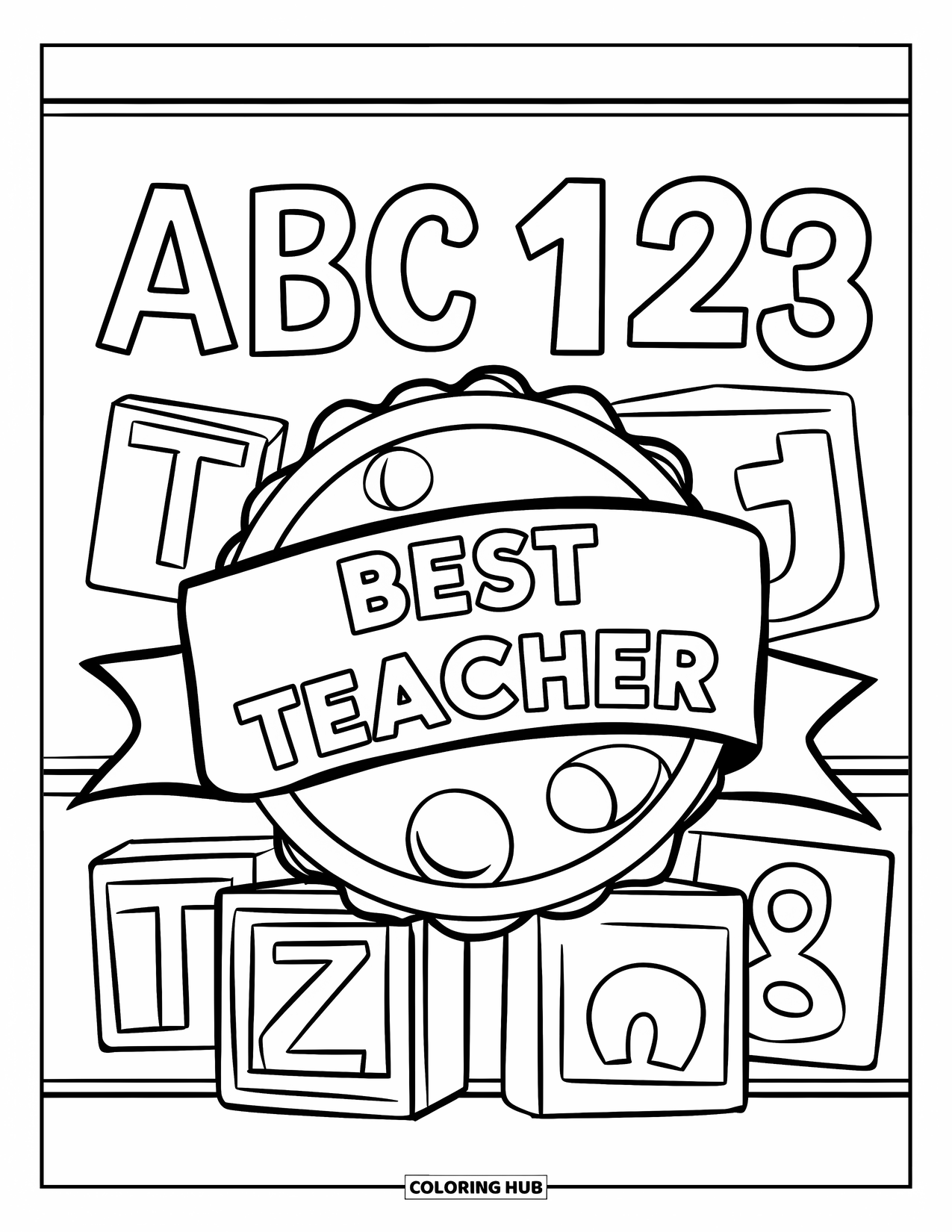Best Teacher Coloring Page for Adults: A "Best Teacher" ribbon is surrounded by big ABC blocks and numbers