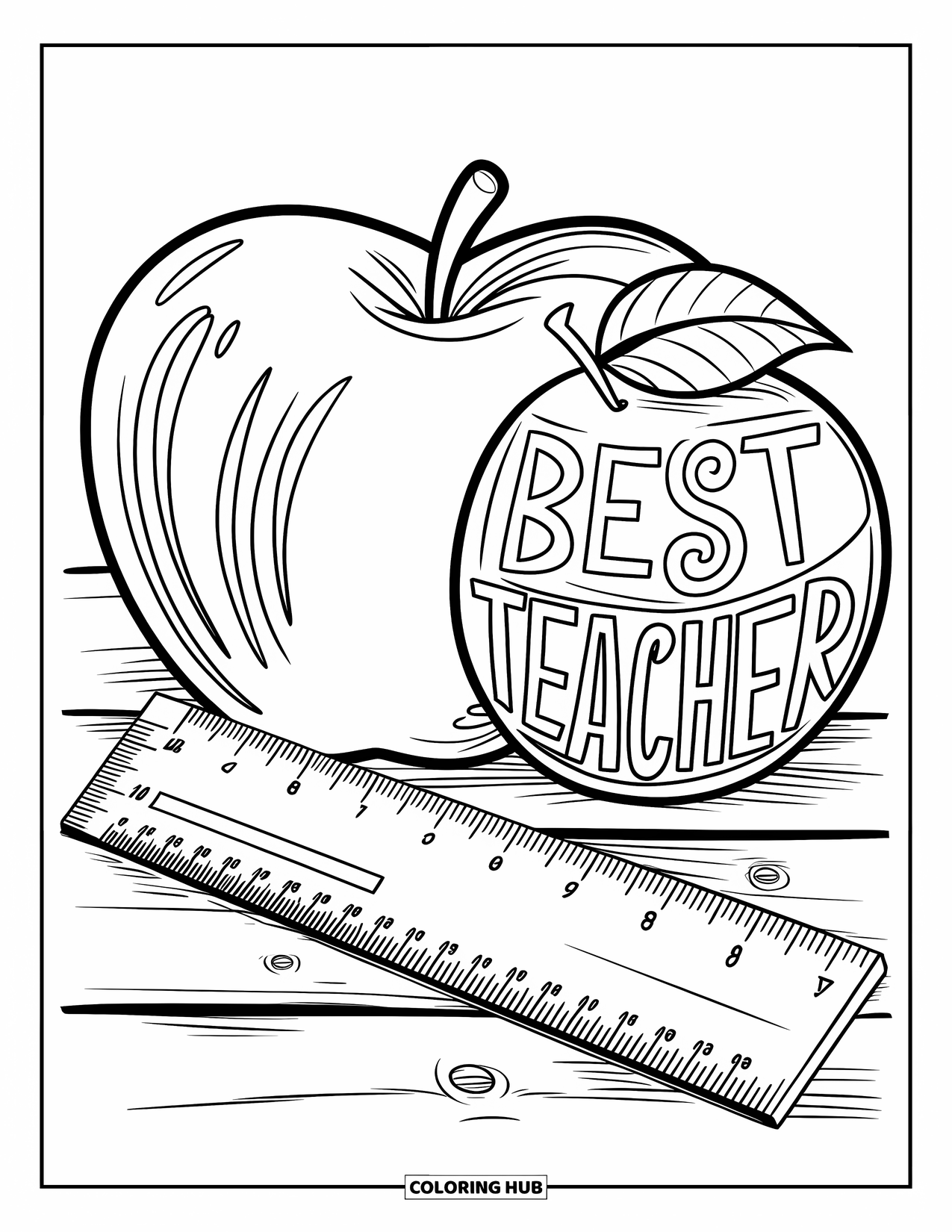 Best Teacher Coloring Page for Adults: A big apple and ruler beside "Best Teacher" on a wooden surface