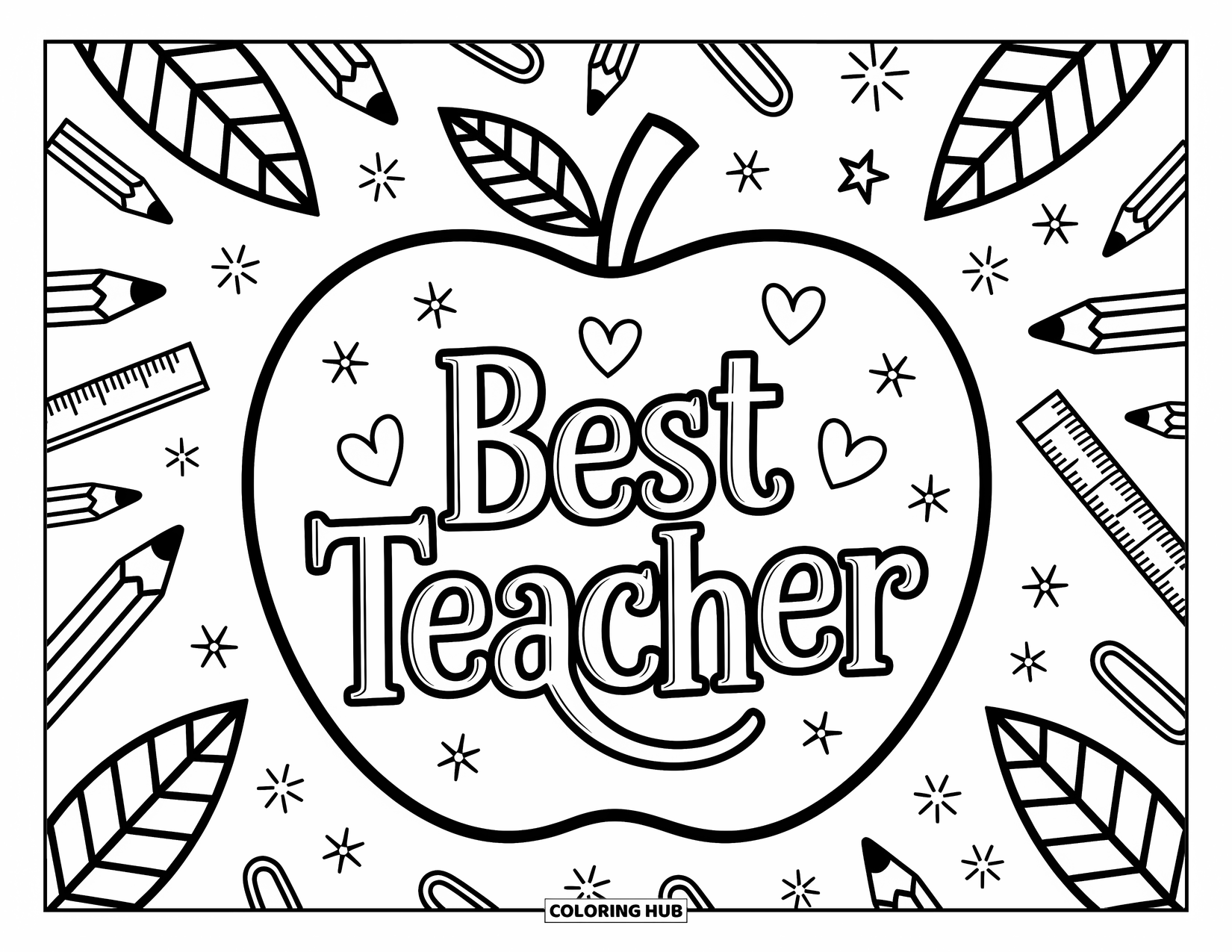 Best Teacher Coloring Page for Adults: A big apple with "Best Teacher" is framed by doodles of pencils, rulers, and stars