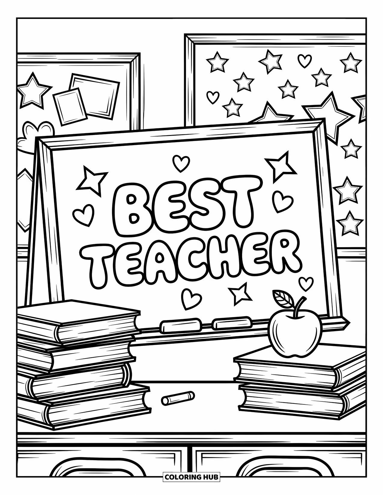 Best Teacher Coloring Page for Adults: A chalkboard with "Best Teacher" is decorated with books, an apple, and doodles