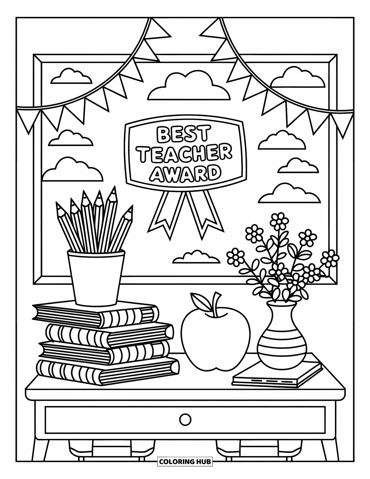 Best Teacher Coloring Page for Adults: A classroom desk with pencils, books, and flowers displays a "Best Teacher" ribbon