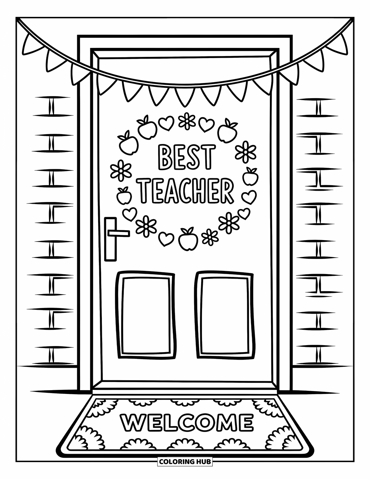 Best Teacher Coloring Page for Adults: A door with "Best Teacher" is surrounded by playful doodles and a welcome mat