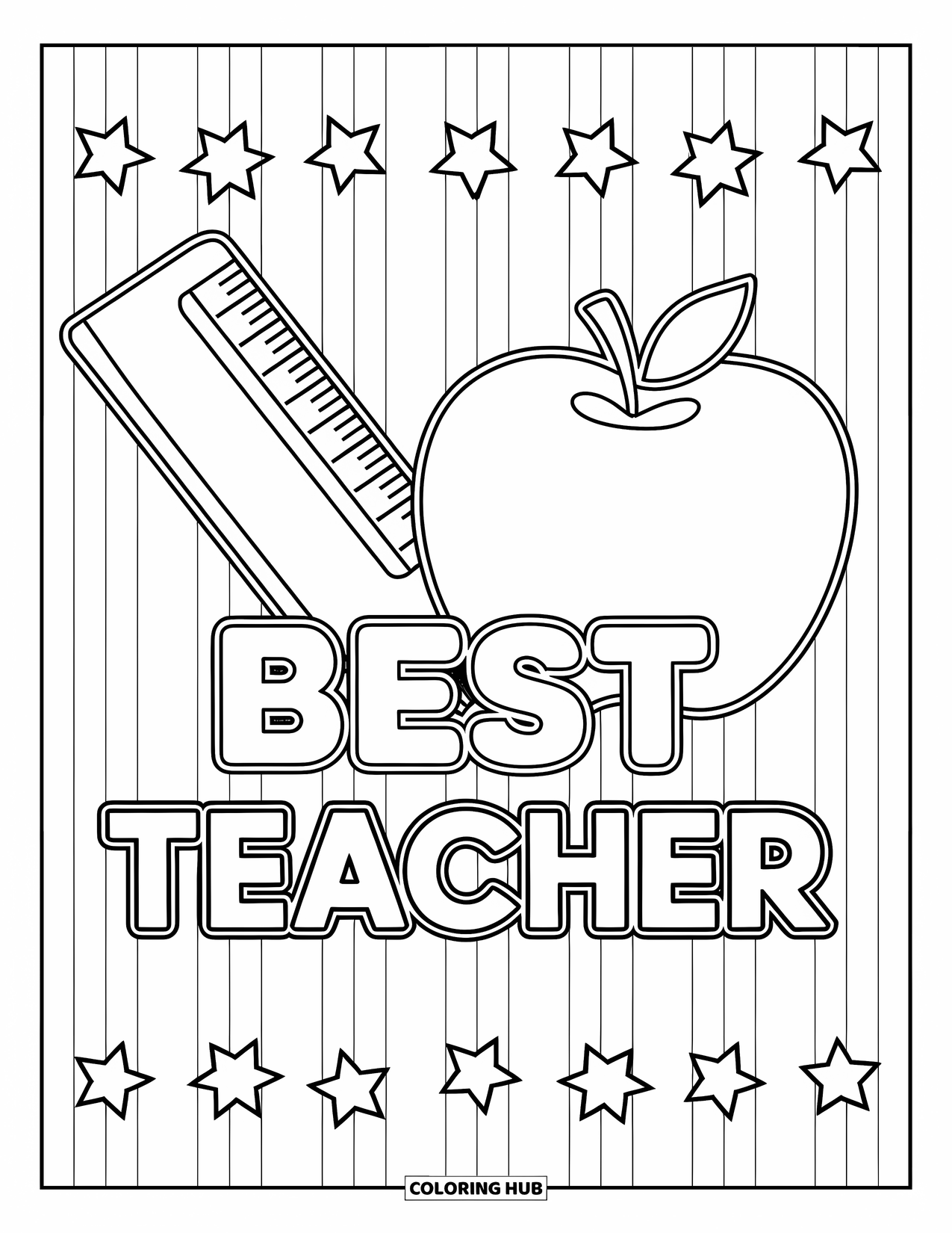 Best Teacher Coloring Page for Adults: A large apple and ruler beside "Best Teacher" with stars and stripes
