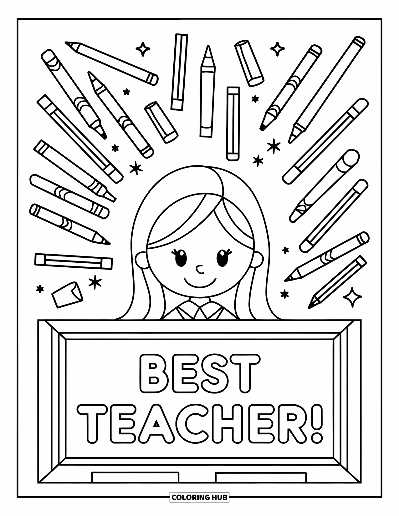 Best Teacher Coloring Page for Adults: A teacher with "Best Teacher" text is surrounded by giant crayons