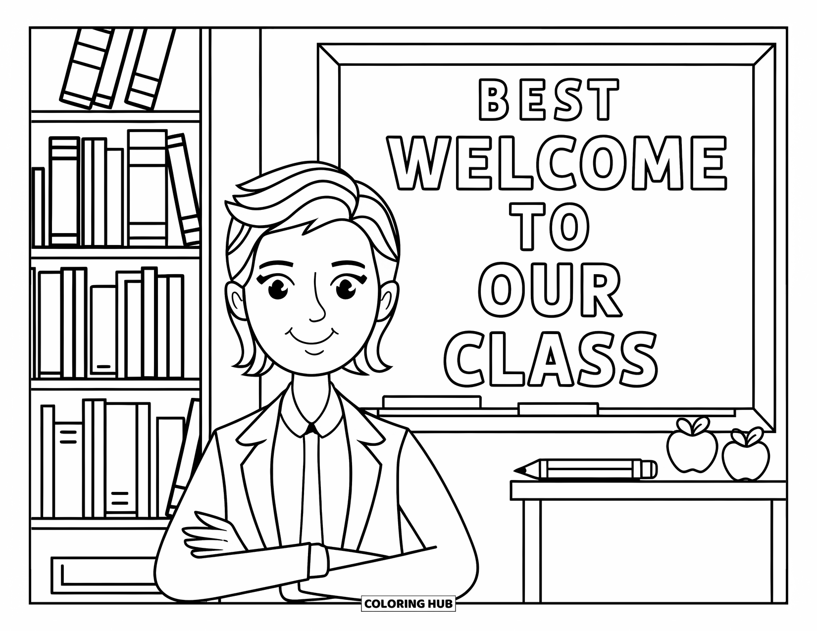 Best Teacher Coloring Page for Adults: A teacher with "Best Teacher" text stands near a bookshelf and desk