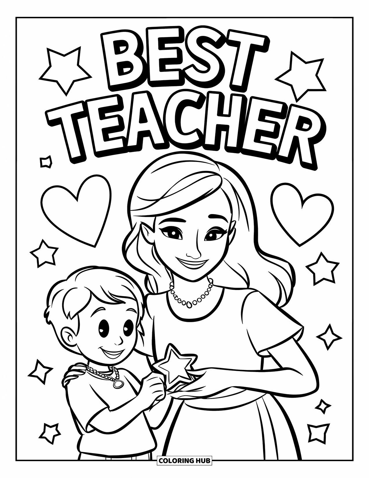 Best Teacher Coloring Page for Kids: A smiling teacher gives a student a star sticker with hearts and stars around