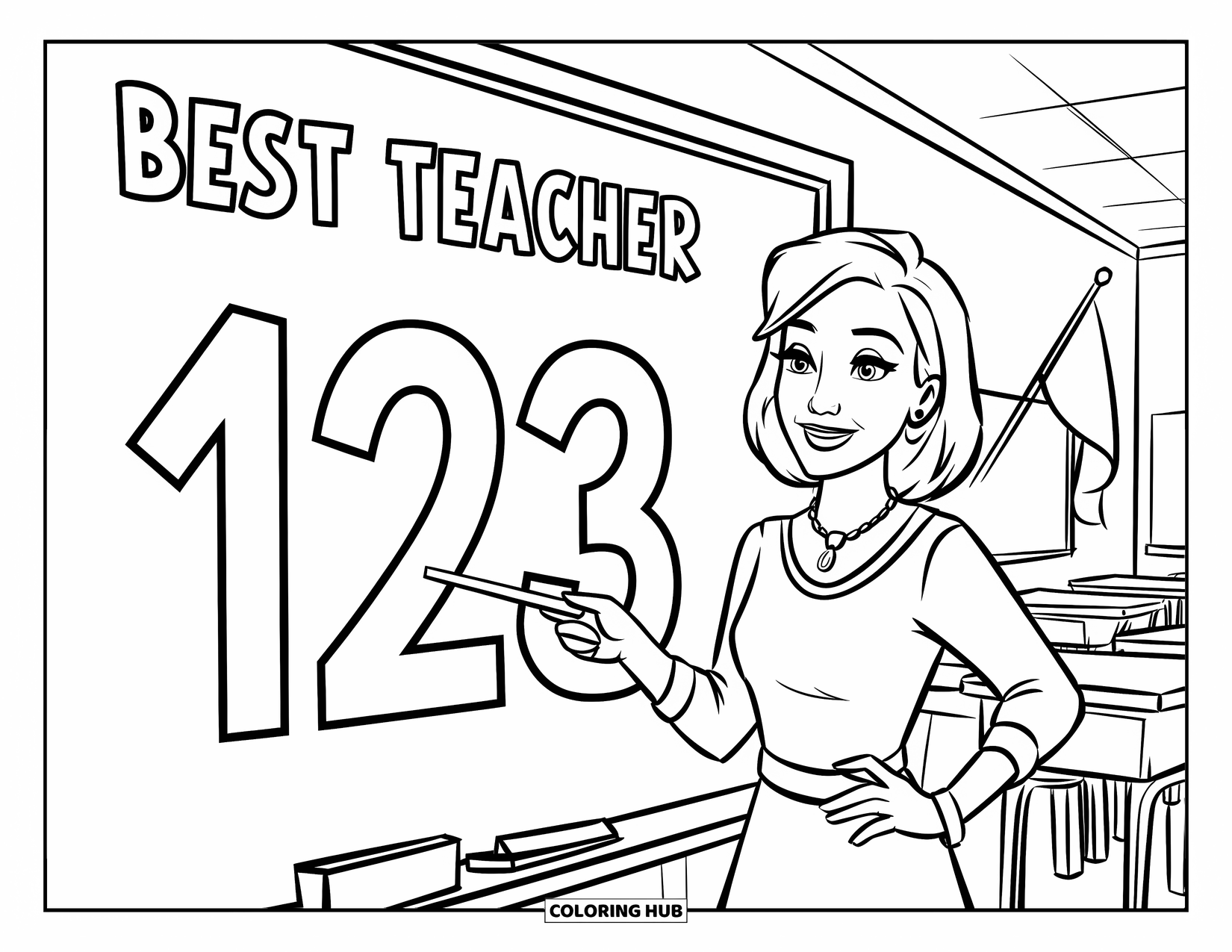 Best Teacher Coloring Page for Kids: A smiling teacher points to "123" on a chalkboard with "Best Teacher" text
