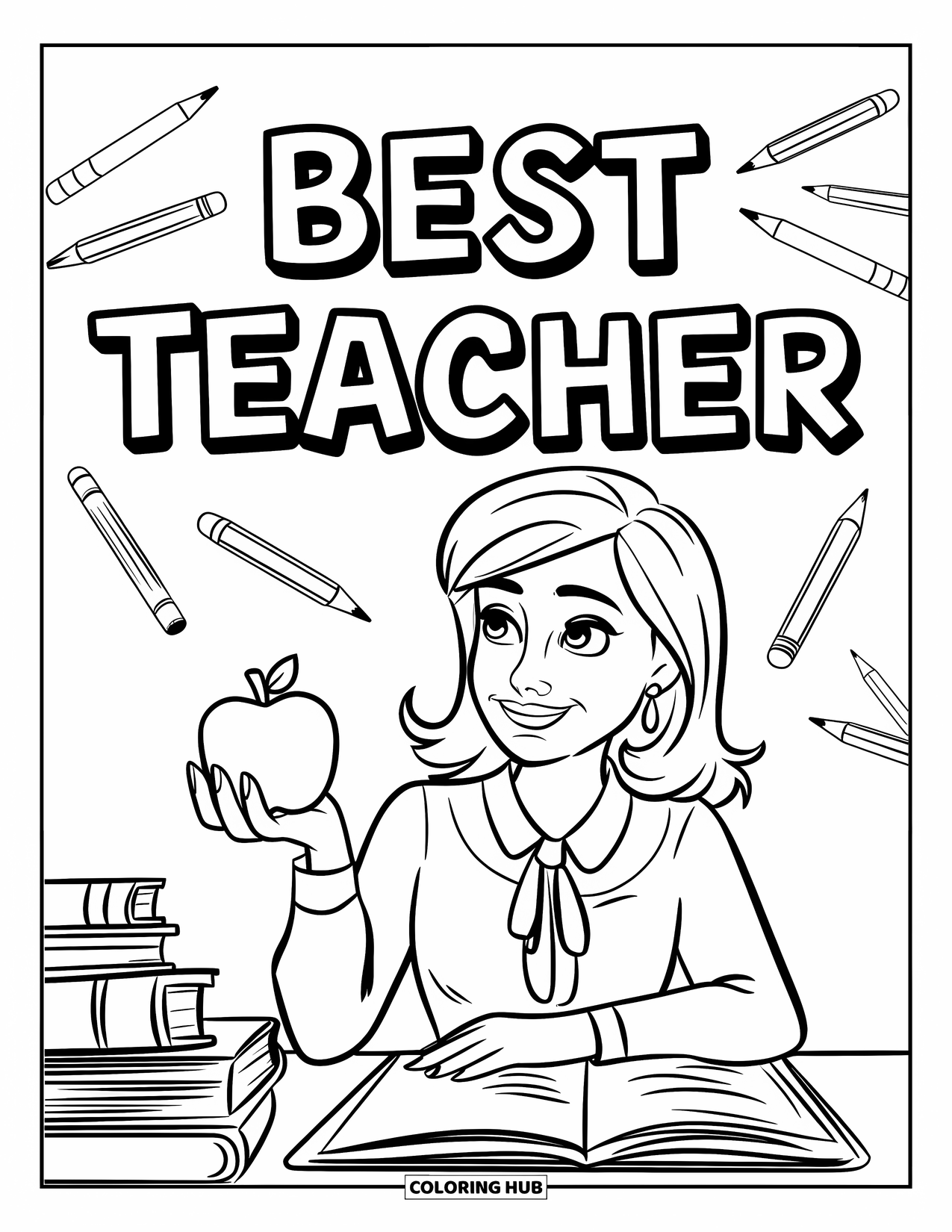 Best Teacher Coloring Page for Kids: A smiling teacher sits at a desk with books, pencils, and an apple