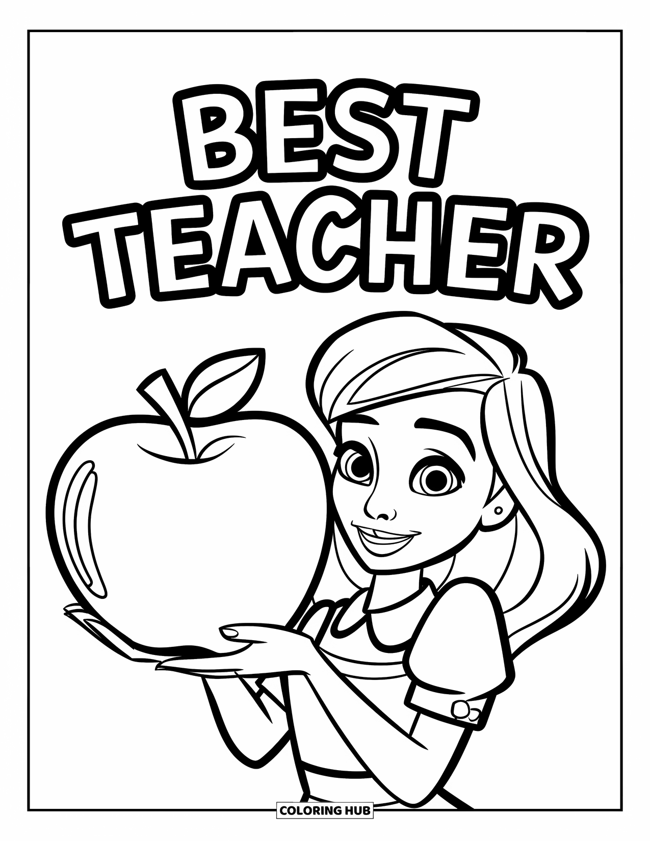 Best Teacher Coloring Page for Kids: A smiling teacher with a collar holds a shiny apple with "Best Teacher" text