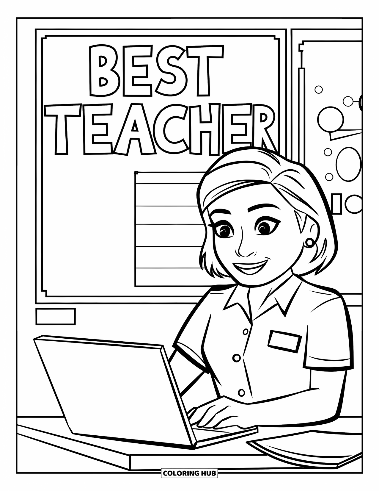 Best Teacher Coloring Page for Kids: A smiling teacher with a laptop stands under "Best Teacher"