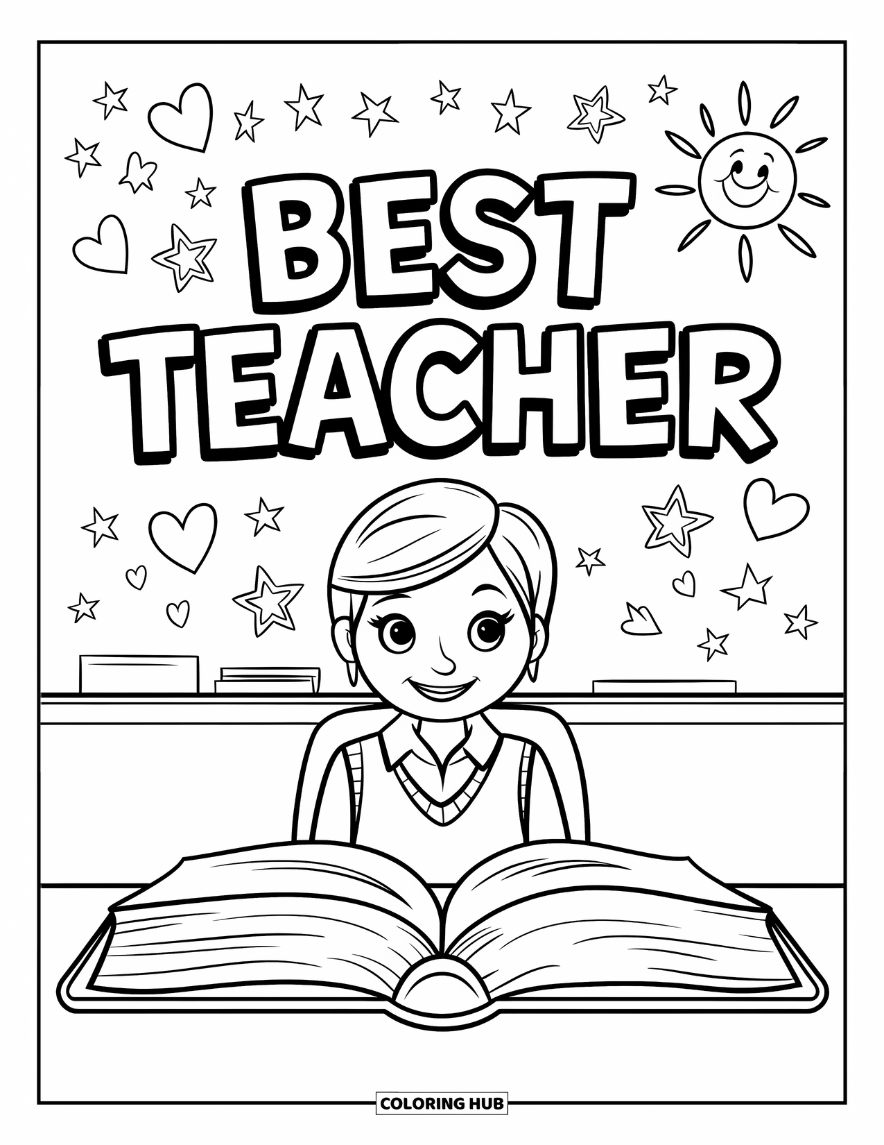Best Teacher Coloring Page for Kids: A smiling teacher with an open book sits under a "Best Teacher" sign