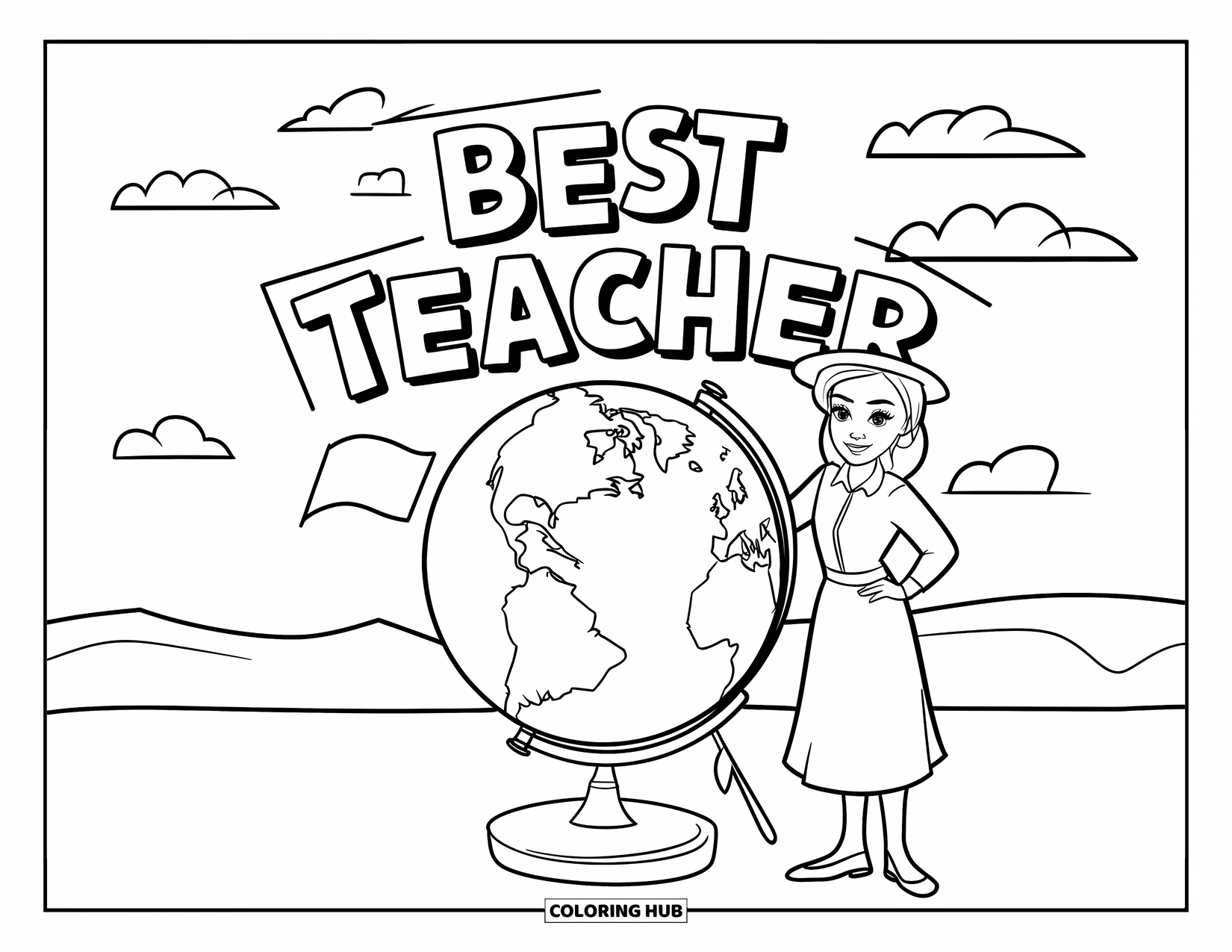 Best Teacher Coloring Page for Kids: A teacher in a dress and hat stands by a globe with "Best Teacher"