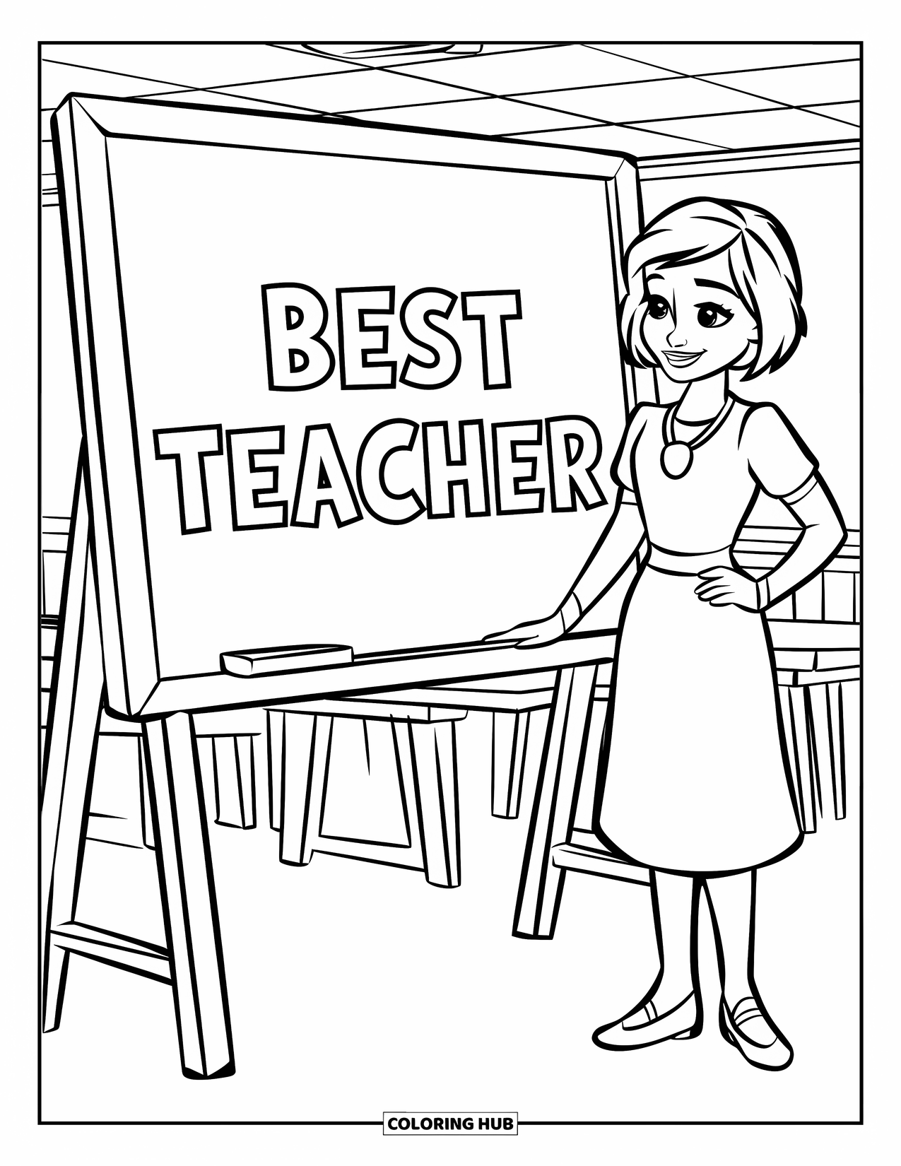 Best Teacher Coloring Page for Kids: A teacher in a dress stands by a blackboard with "Best Teacher" text