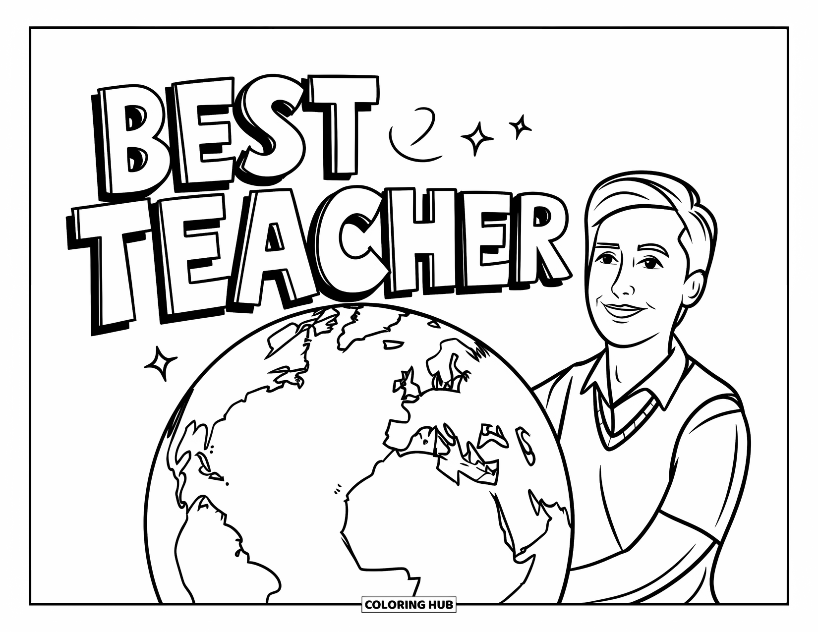 Best Teacher Coloring Page for Kids: A teacher in a vest stands by a globe under "Best Teacher"