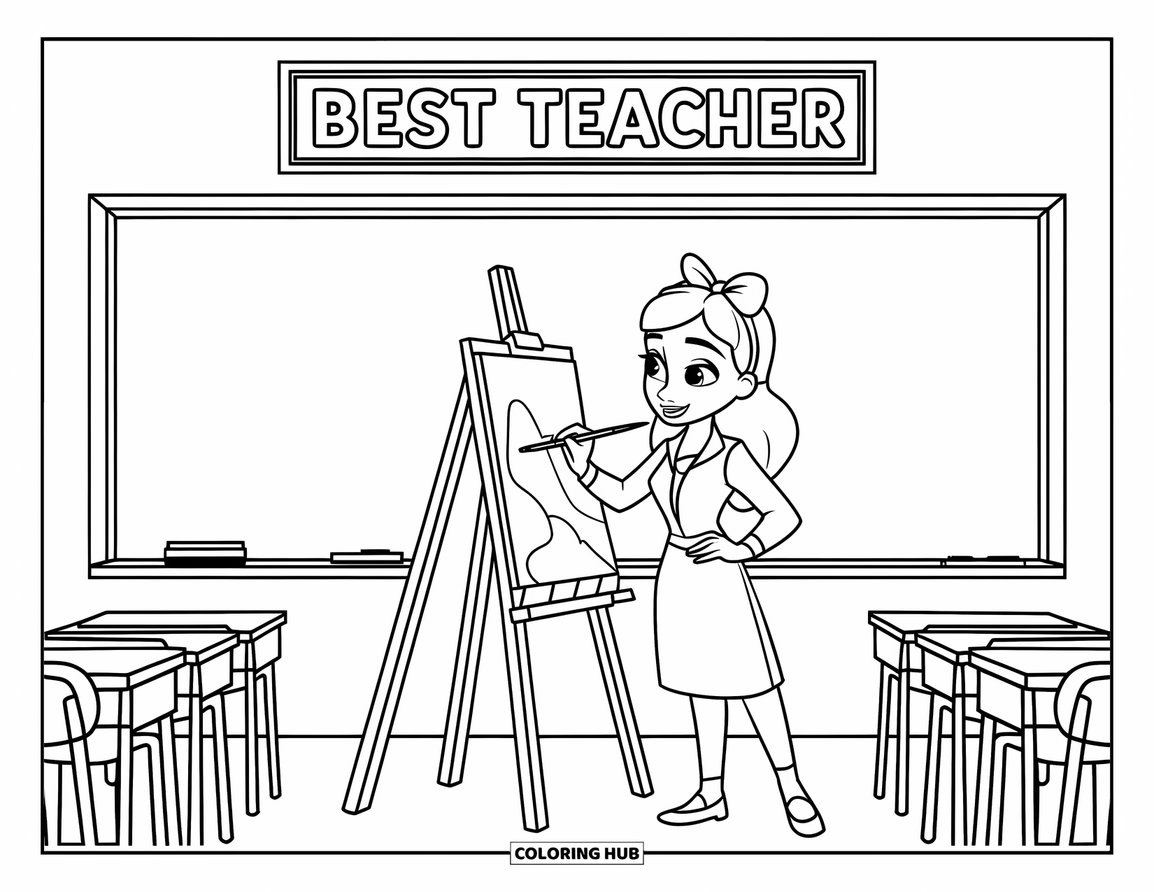 Best Teacher Coloring Page for Kids: A teacher paints at an easel under a "Best Teacher" sign