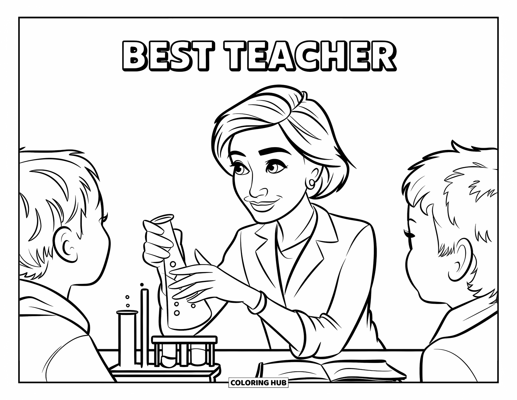 Best Teacher Coloring Page for Kids: A teacher shows a beaker with "Best Teacher" above