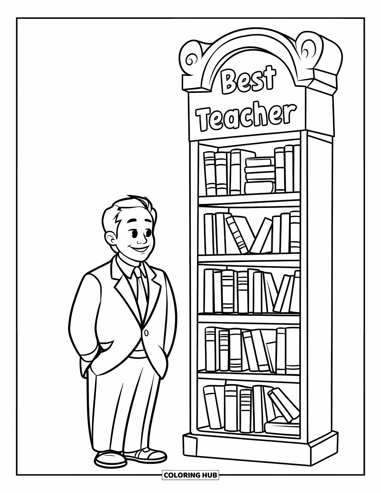 Best Teacher Coloring Page for Kids: A teacher stands near a tall bookshelf with "Best Teacher" above