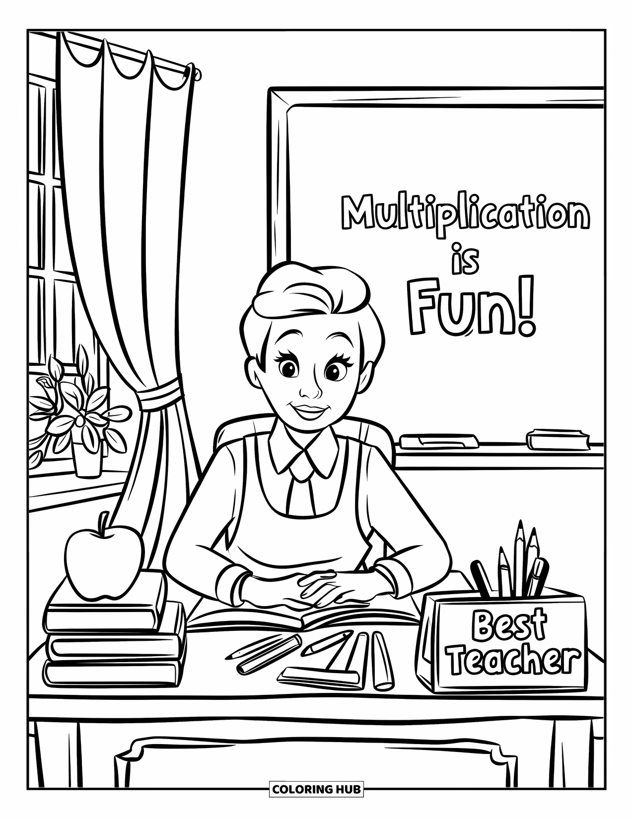 Best Teacher Coloring Page for Kids: A teacher with an apron sits at a desk with "Multiplication is fun!" on the board