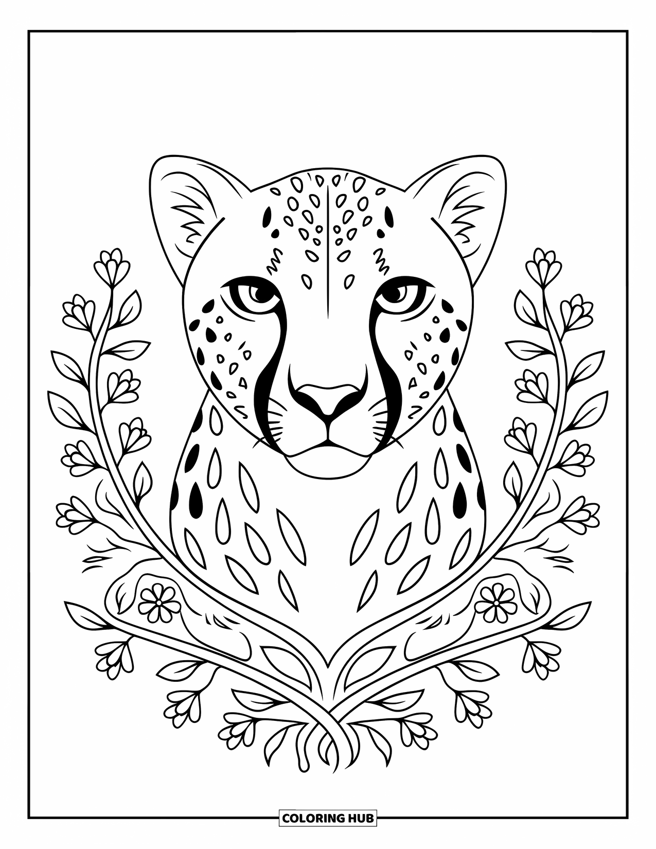 Big Cat Coloring Page for Adults: Cheetah head framed by vine and blossom patterns on a white background