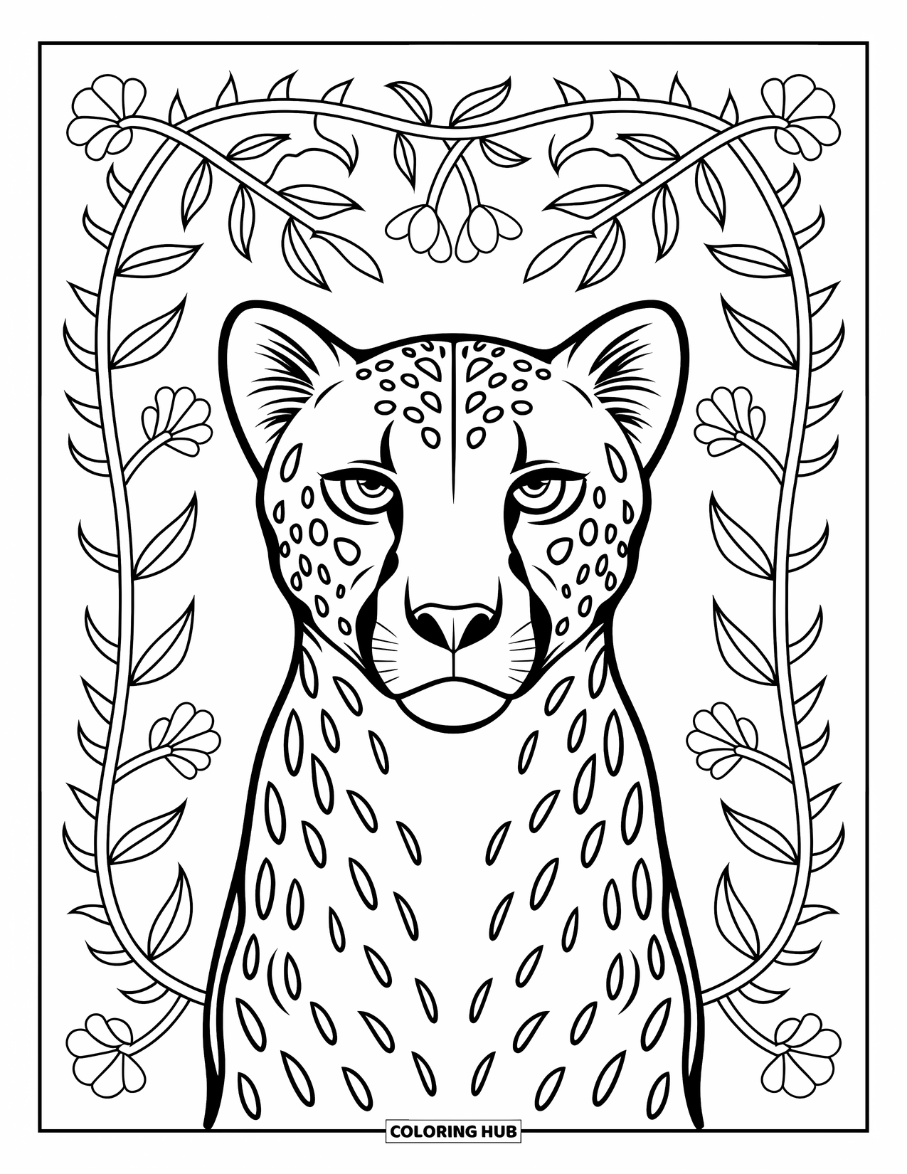 Big Cat Coloring Page for Adults: Cheetah head framed by vine and blossom patterns without shading or color