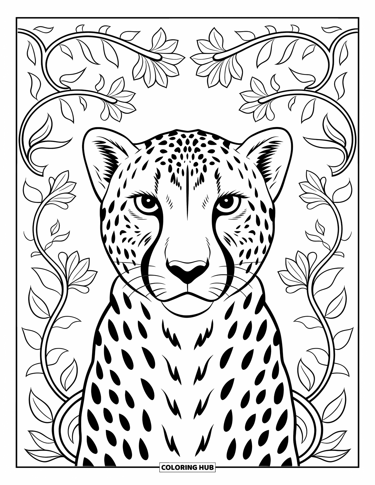Big Cat Coloring Page for Adults: Cheetah head with alert ears surrounded by vine and blossom patterns