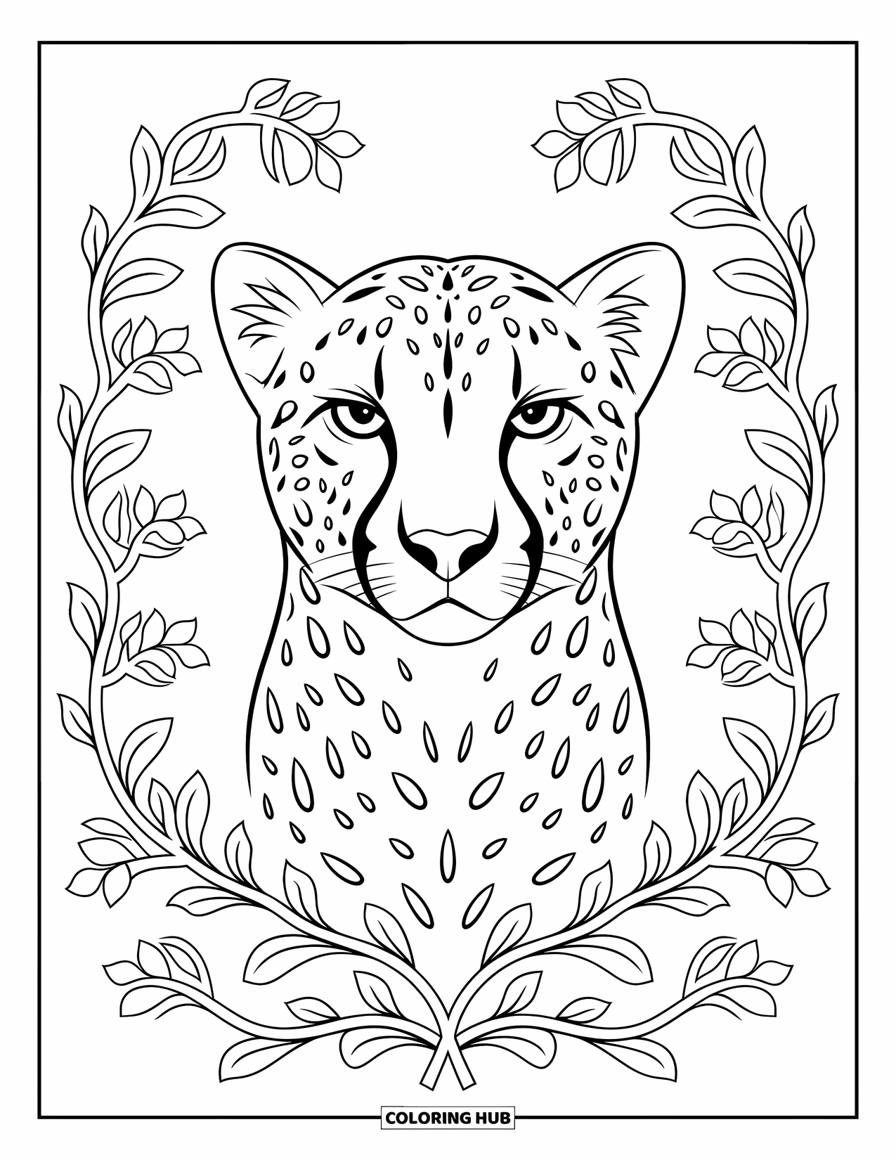 Big Cat Coloring Page for Adults: Cheetah with alert ears surrounded by symmetrical vine and blossom designs