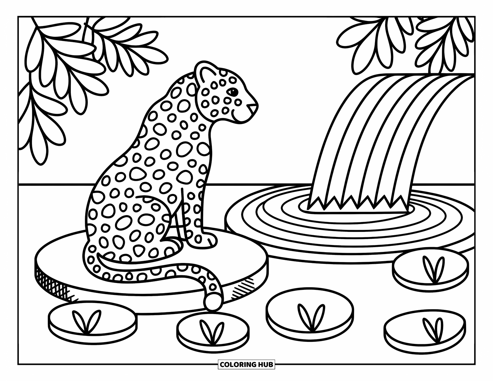 Big Cat Coloring Page for Adults: Jaguar gazing at a round pool under a waterfall