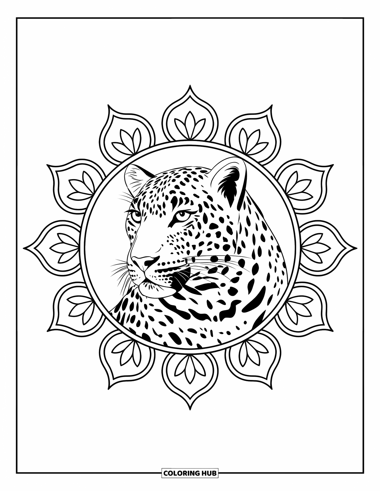 Big Cat Coloring Page for Adults: Leopard head framed by ornate flower mandala on a white background