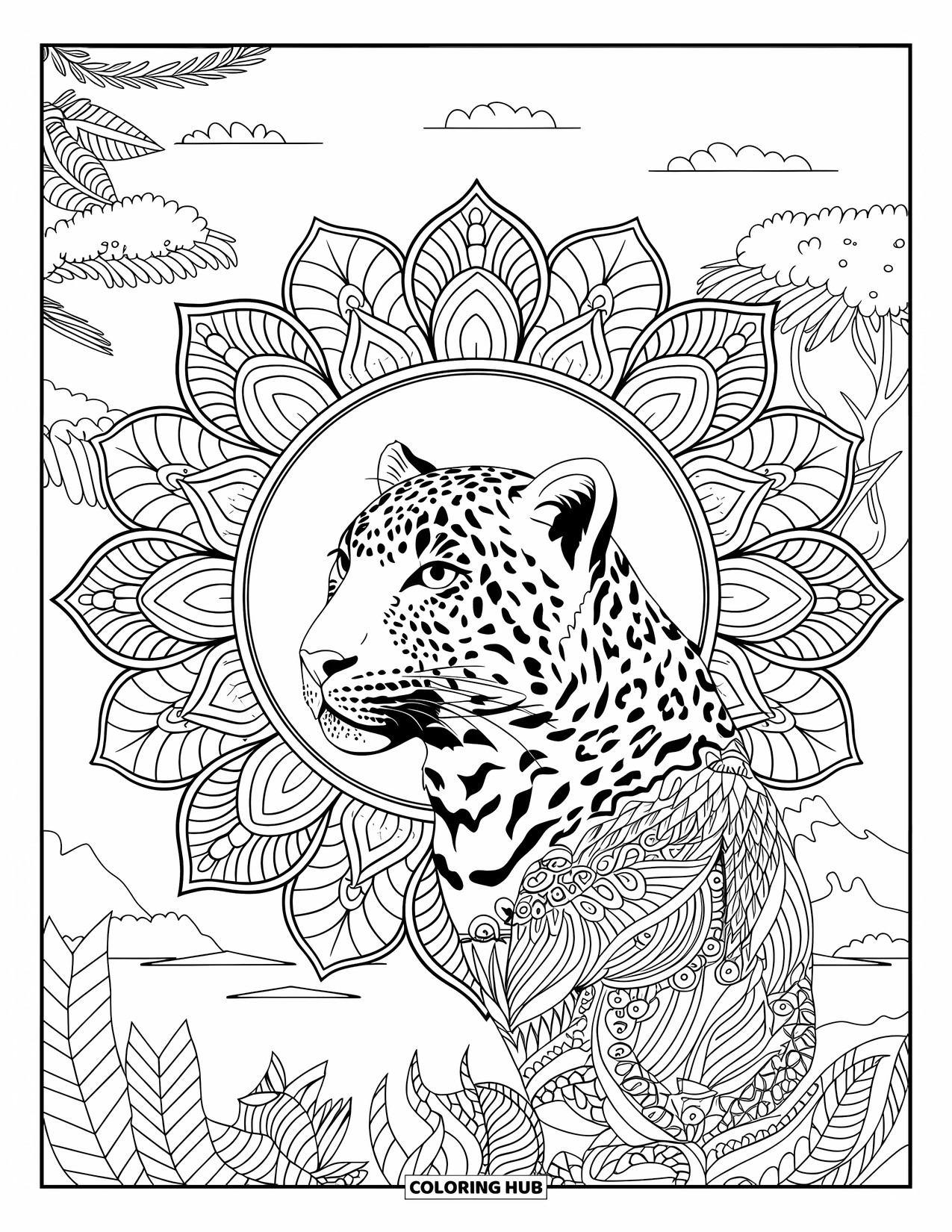 Big Cat Coloring Page for Adults: Leopard head in floral mandala over a scenic landscape of mountains and water