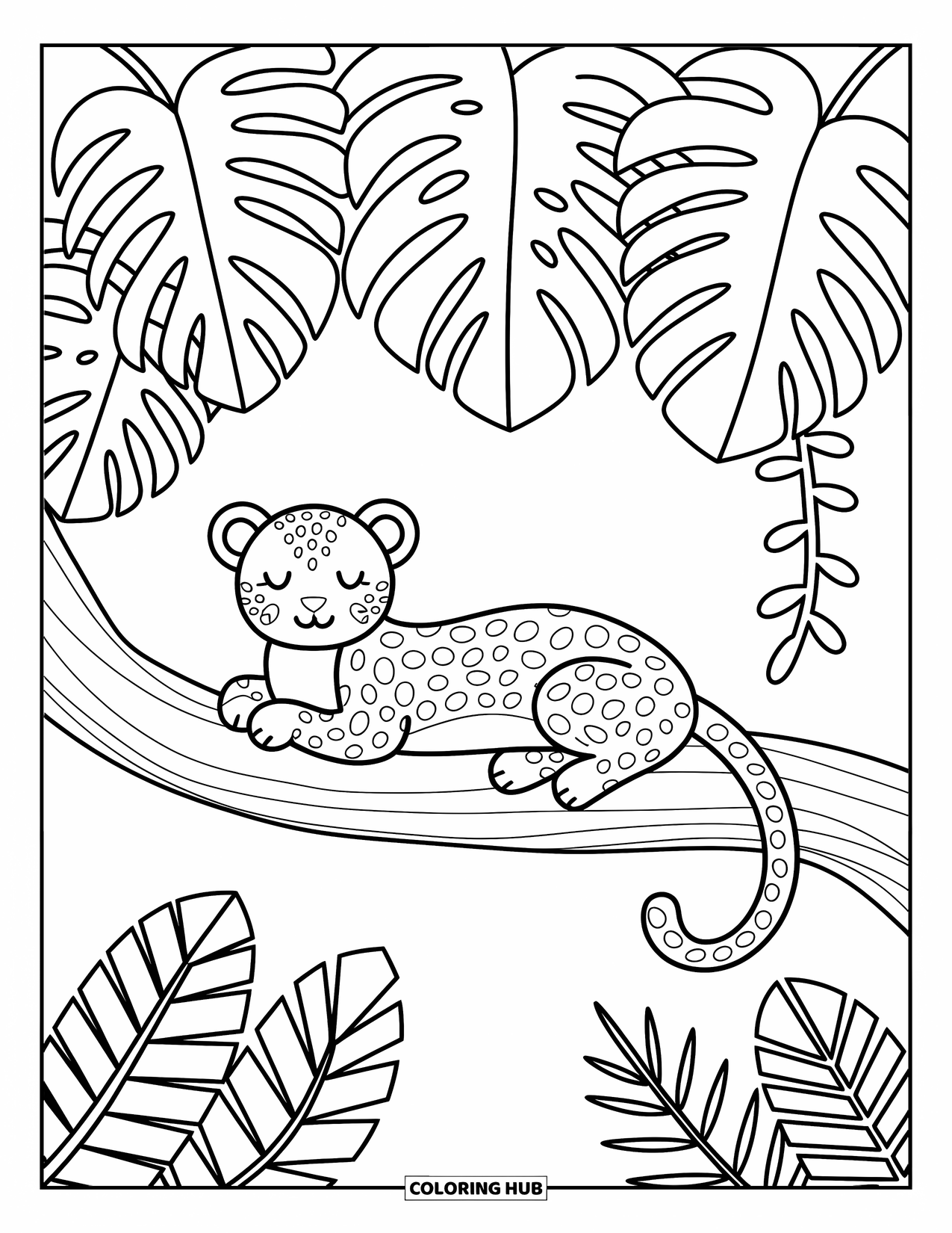 Big Cat Coloring Page for Adults: Leopard resting on a branch with a dangling vine