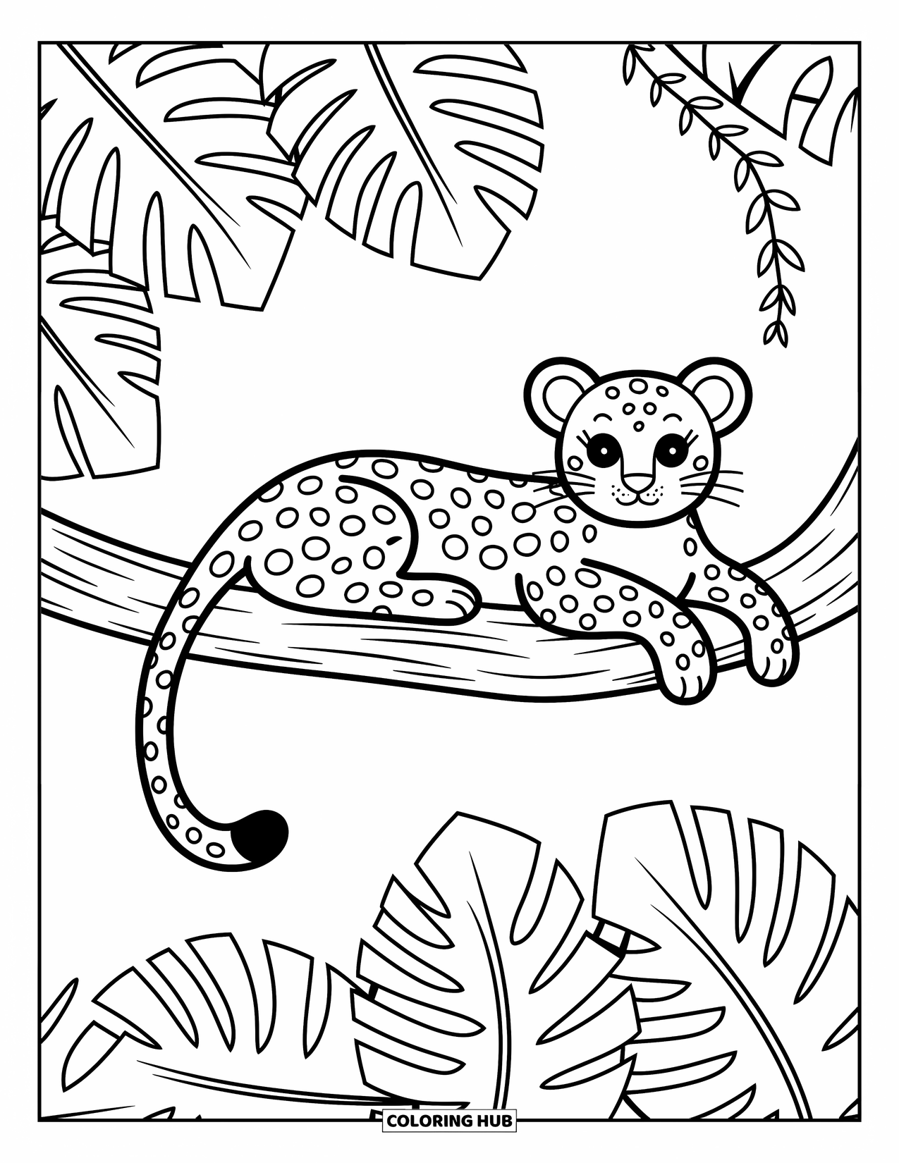 Big Cat Coloring Page for Adults: Leopard resting on a large branch with jungle leaves