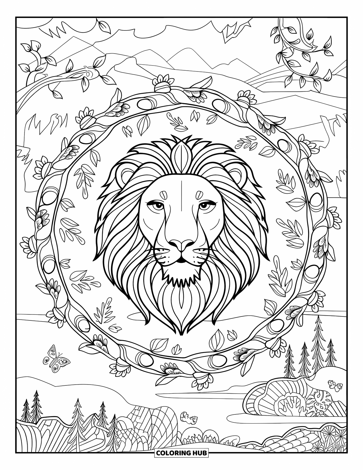 Big Cat Coloring Page for Adults: Lion head in mandala of vines, flowers, and animals over a mountain landscape