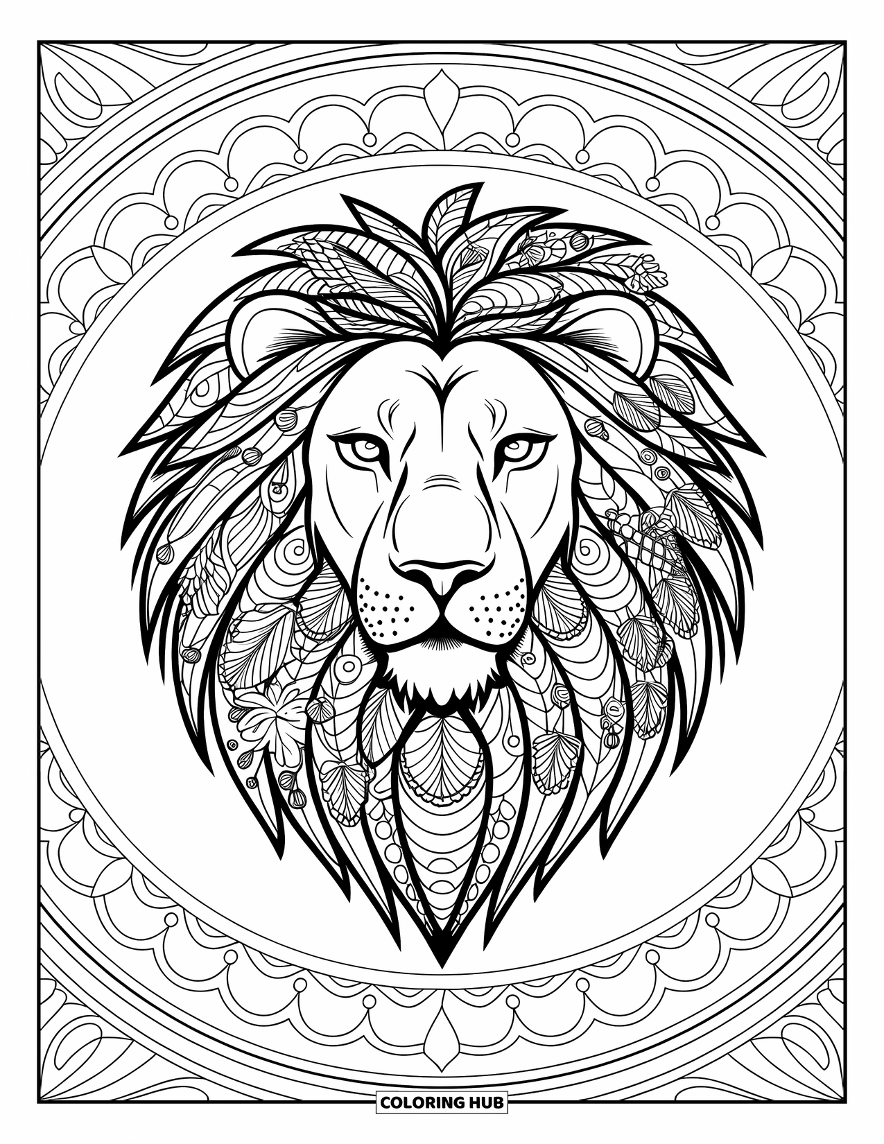 Big Cat Coloring Page for Adults: Lion head with full mane in a patterned circular botanical mandala