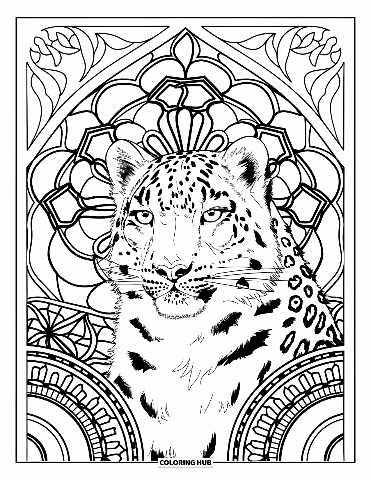 Big Cat Coloring Page for Adults: Snow leopard with thick fur framed by stained glass snowflakes on a patterned background