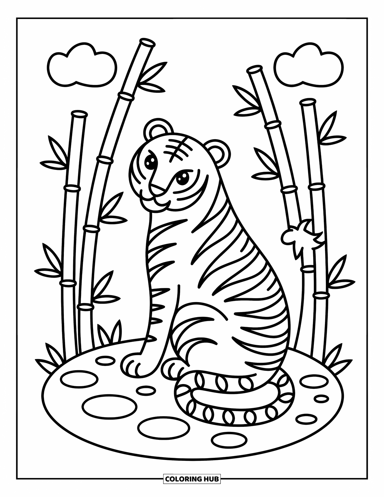 Big Cat Coloring Page for Adults: Tiger among bamboo with clouds in the corners