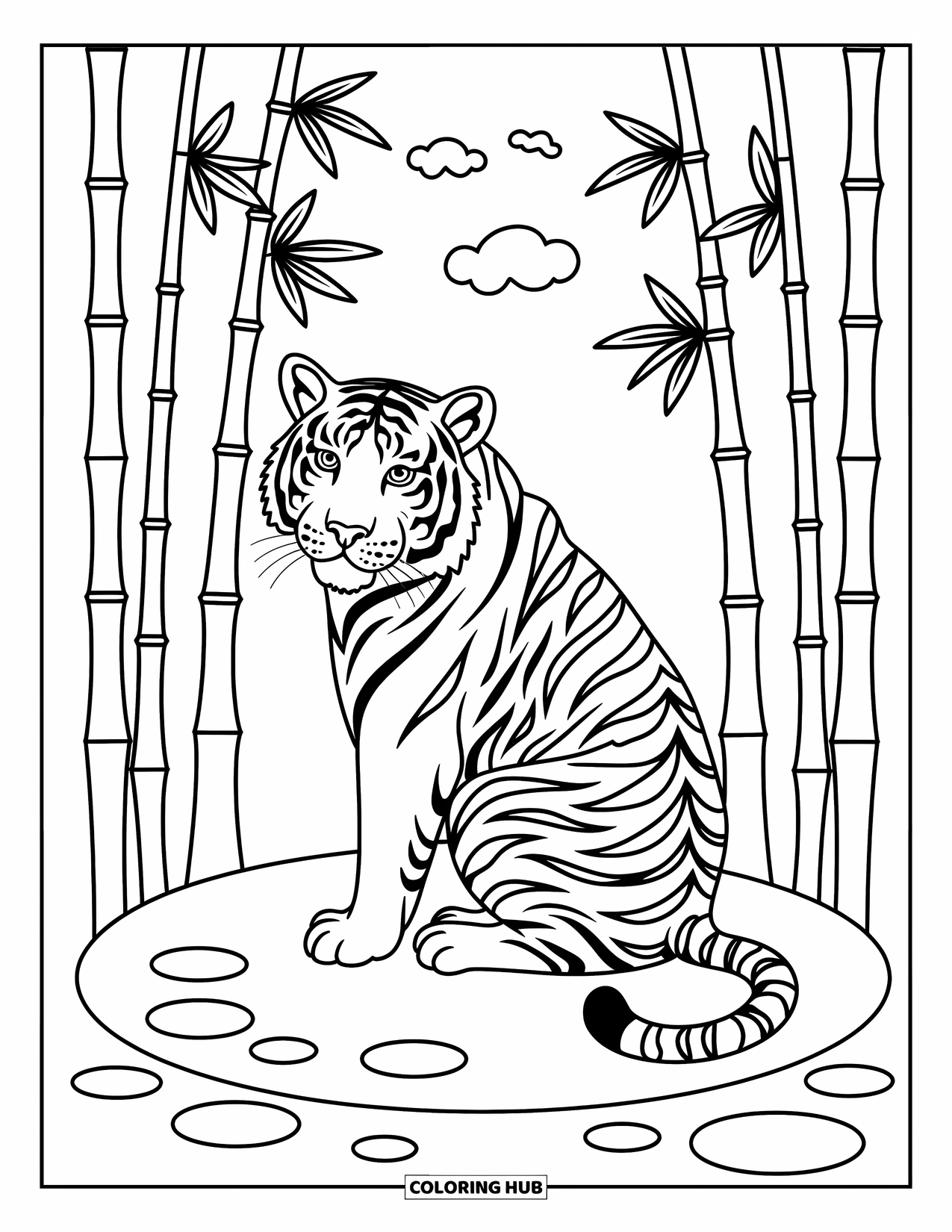 Big Cat Coloring Page for Adults: Tiger seated with bamboo and small clouds above