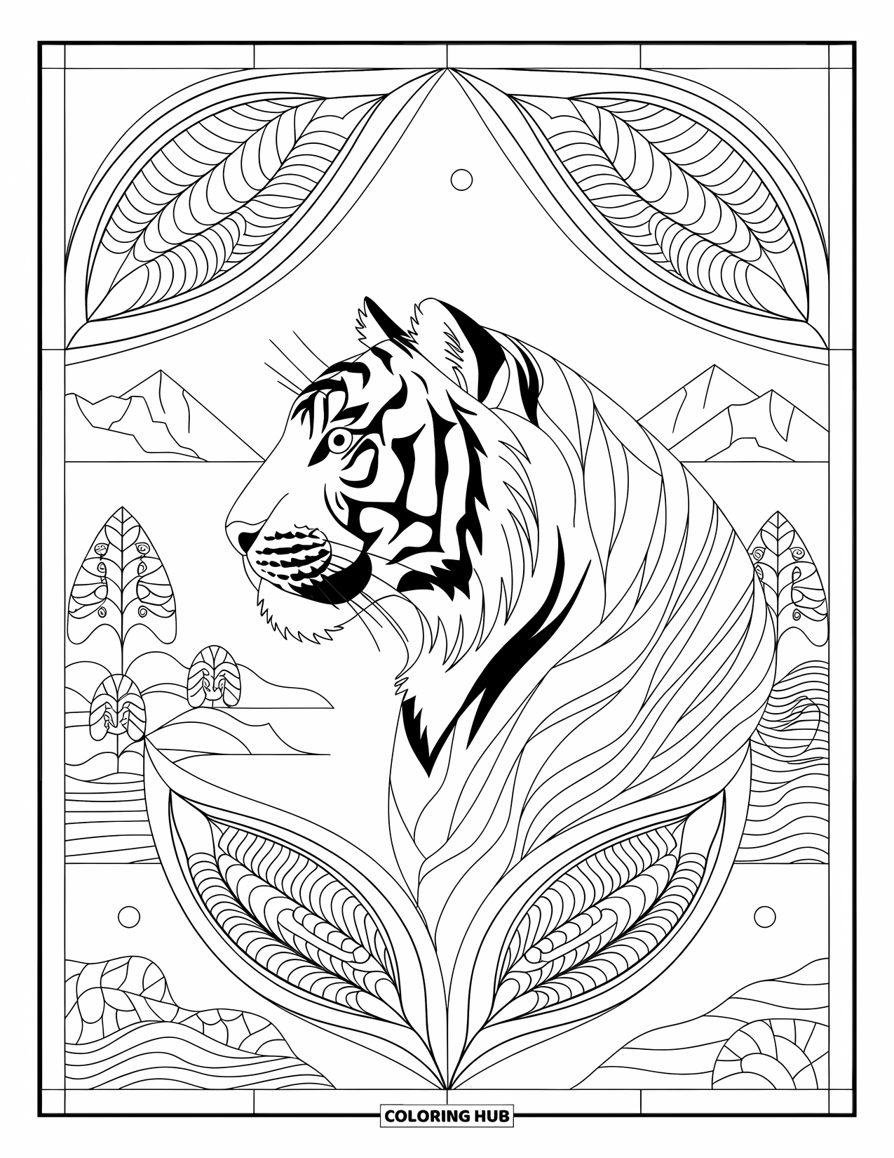 Big Cat Coloring Page for Adults: Tiger with mane and crown framed by stained glass jungle leaves over a mountain scene