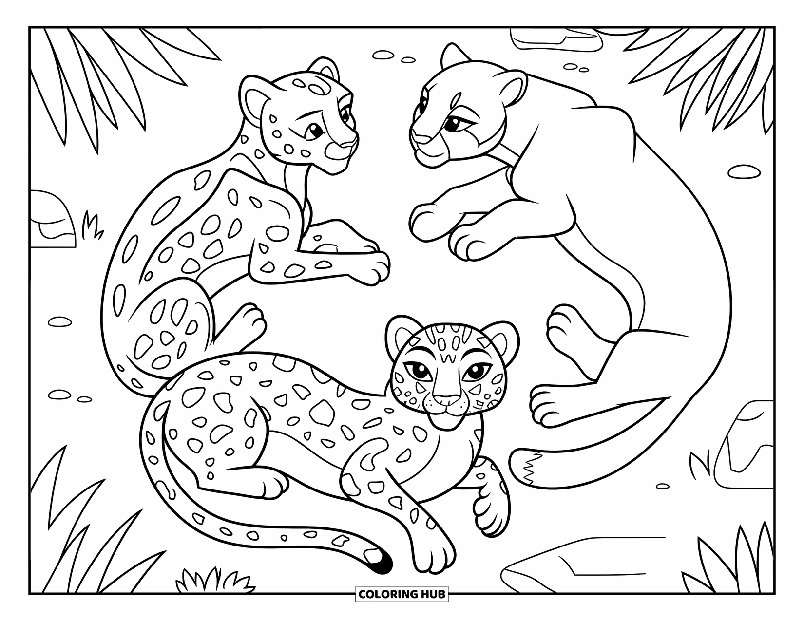 Big Cat Coloring Page for Kids: Cheetah, snow leopard, and cougar resting in a grassy circle