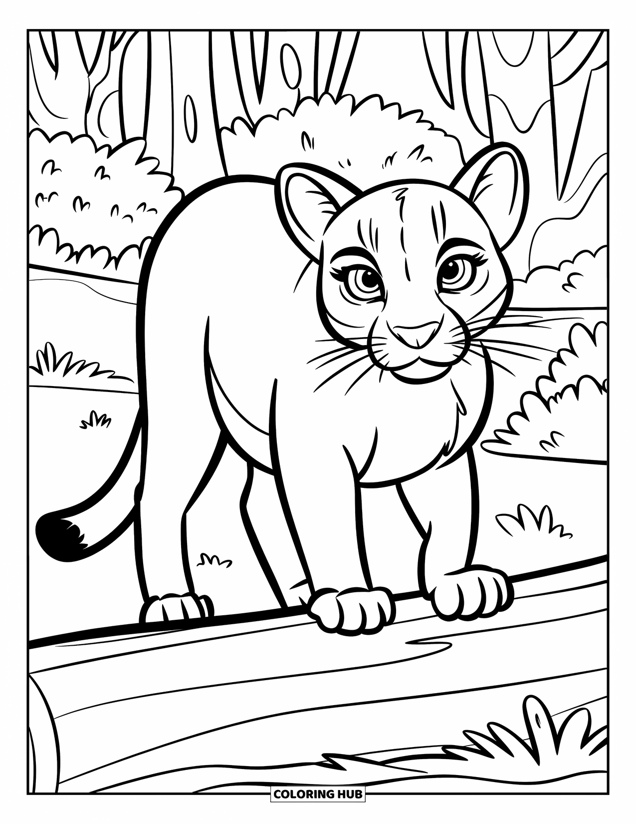 Big Cat Coloring Page for Kids: Cougar with big eyes standing on a log among trees