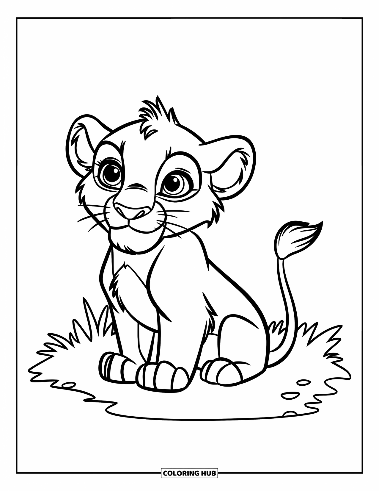 Big Cat Coloring Page for Kids: Cute lion with small mane sitting on grass
