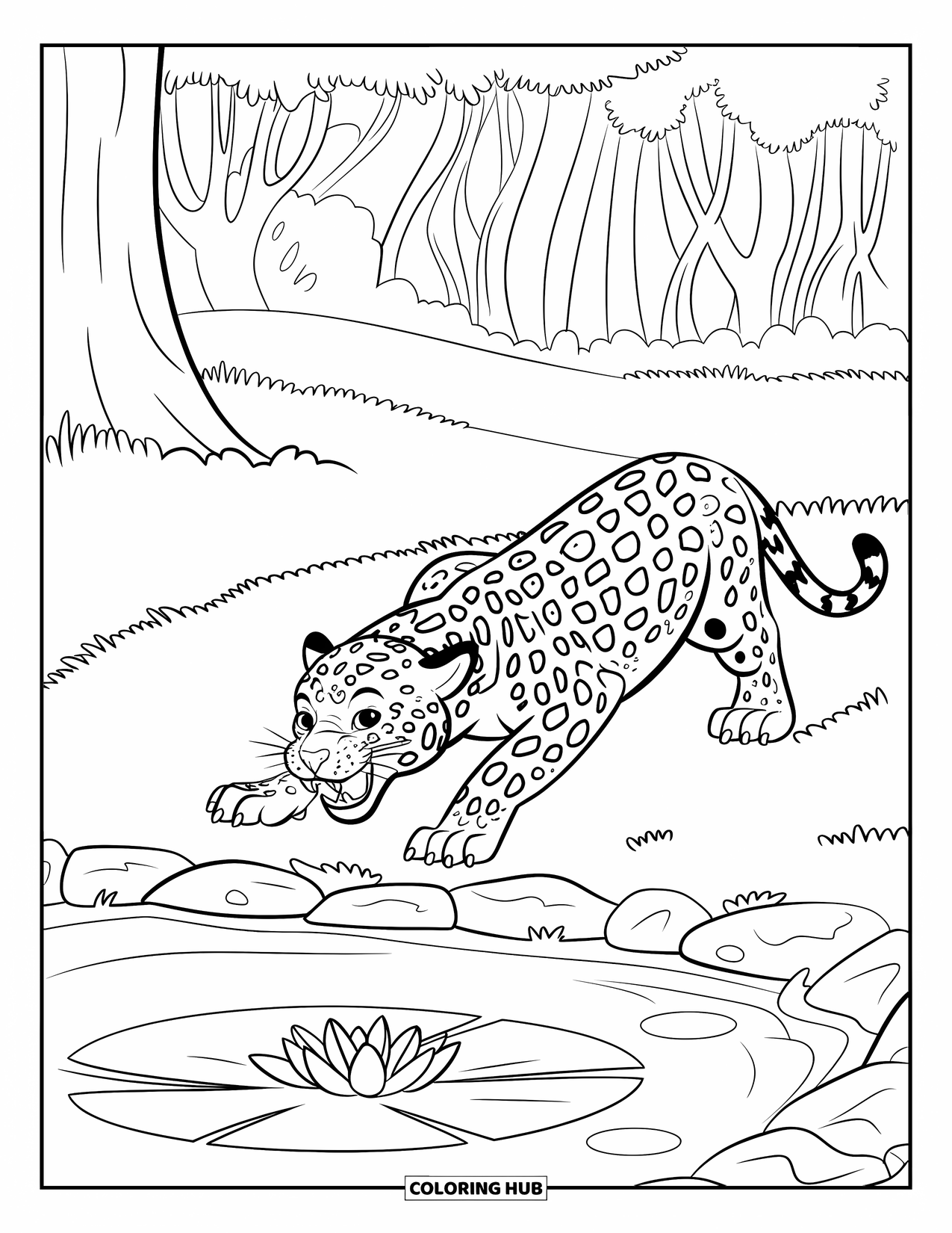 Big Cat Coloring Page for Kids: Jaguar by a pond with rocks and lily pads