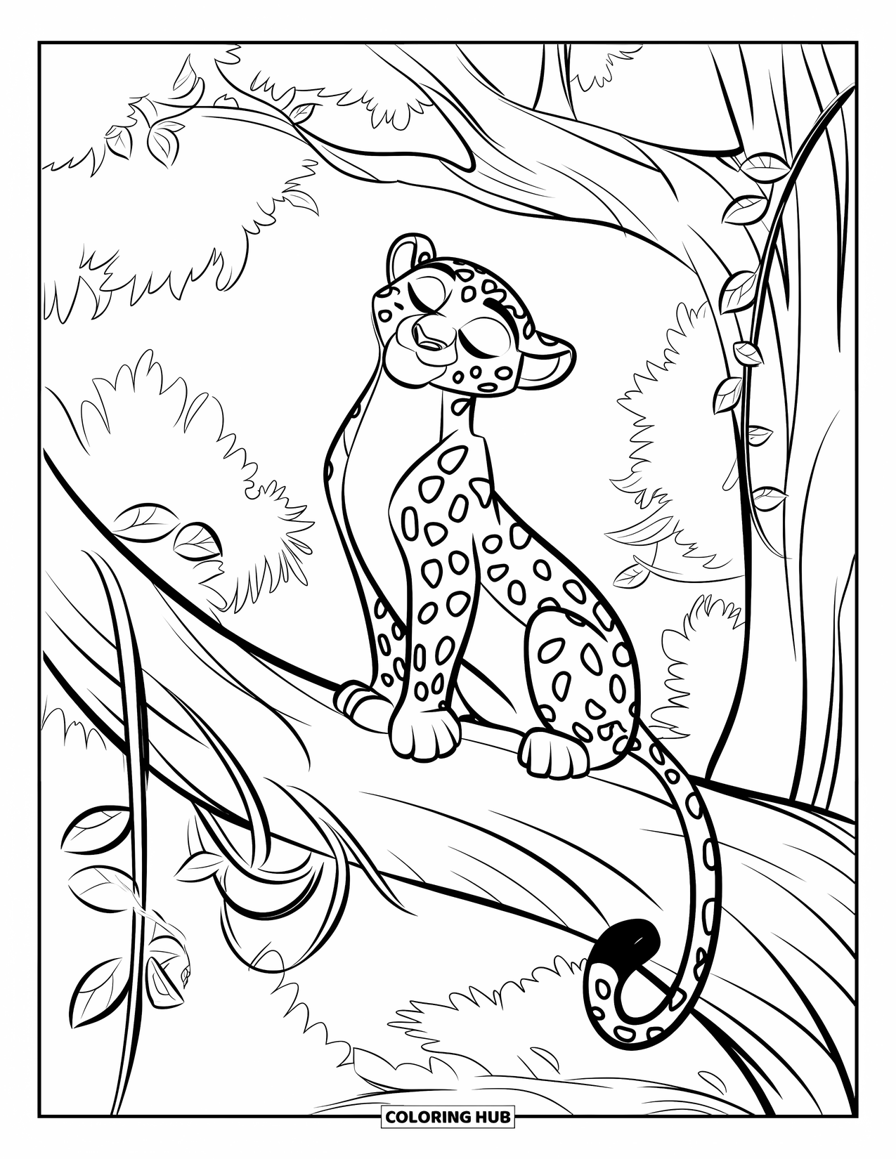 Big Cat Coloring Page for Kids: Leopard lounging on a sunlit tree branch