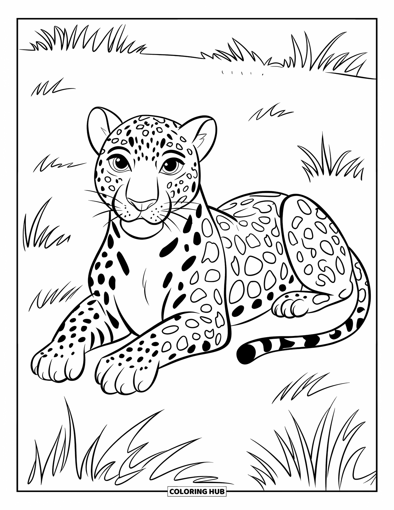 Big Cat Coloring Page for Kids: Leopard lying on grass with big spots