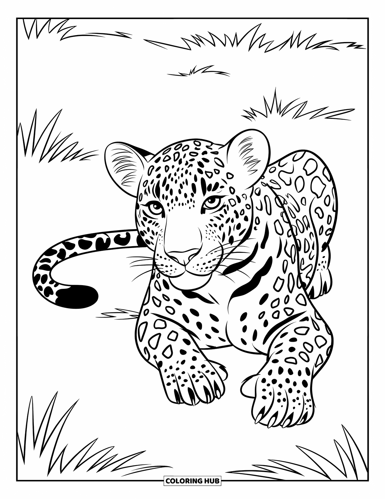 Big Cat Coloring Page for Kids: Leopard lying on grass with minimal detail