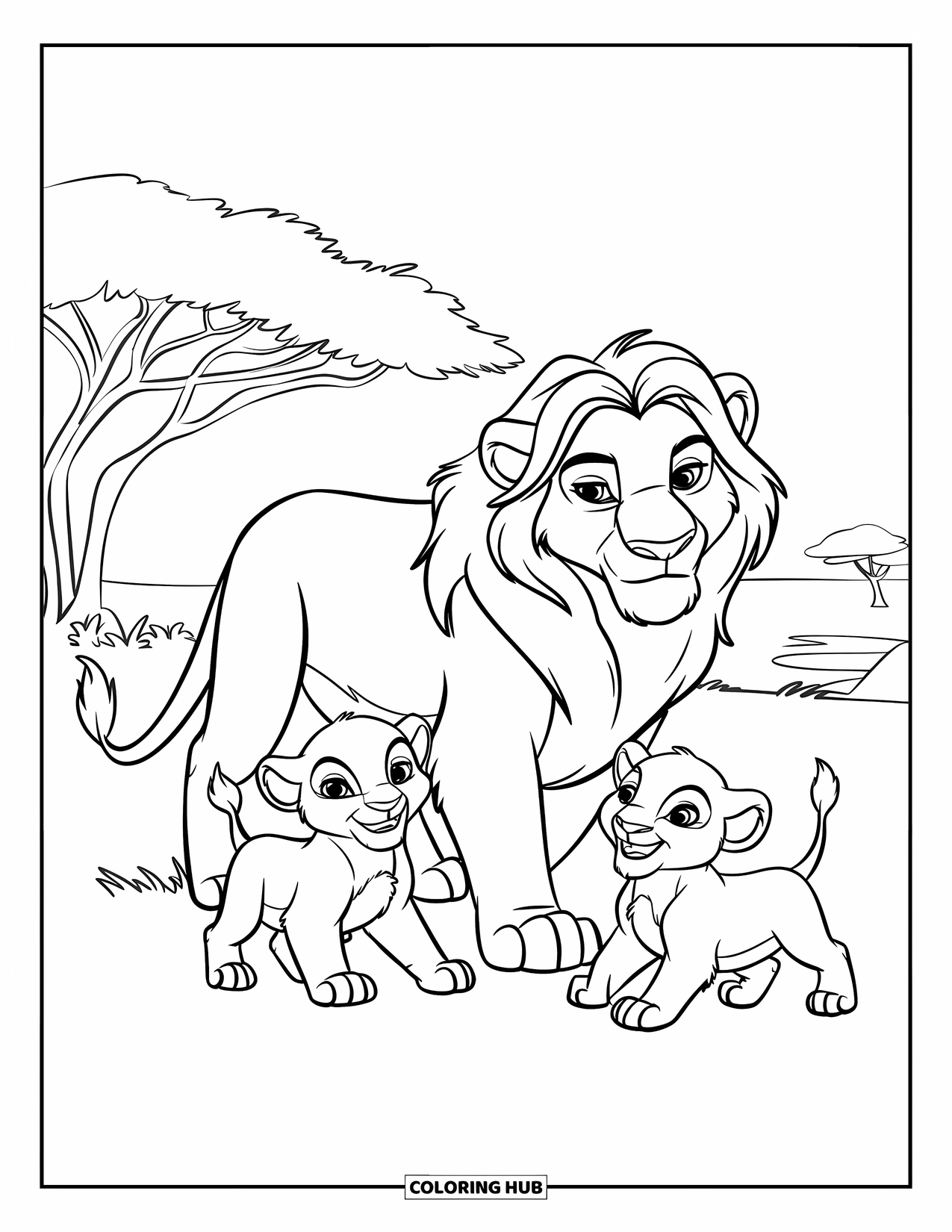 Big Cat Coloring Page for Kids: Lion and cubs together on a vast open plain