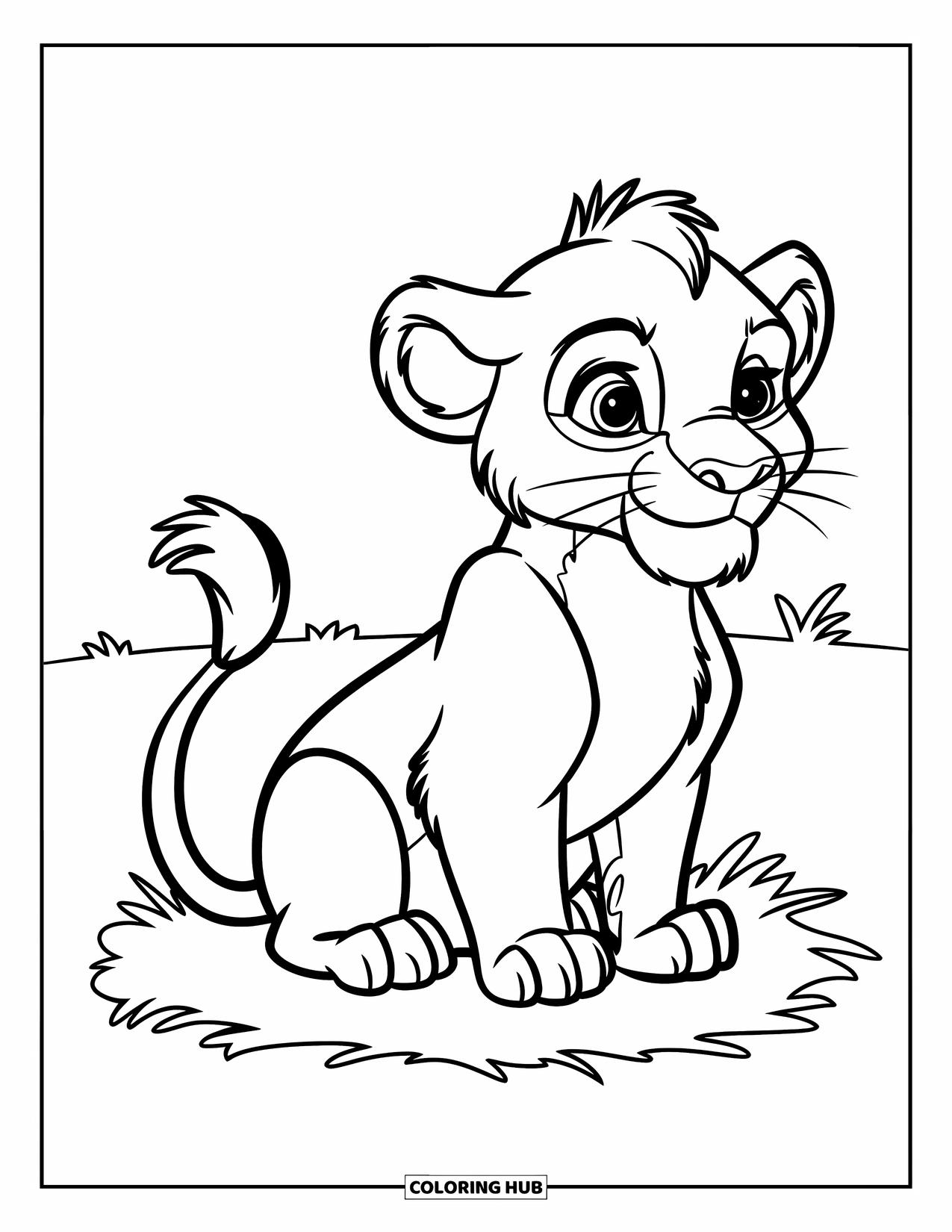 Big Cat Coloring Page for Kids: Lion sitting on grass looking to the right