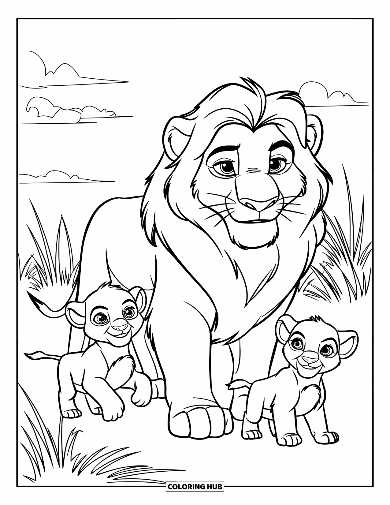 Big Cat Coloring Page for Kids: Lion with two cubs playing on the savannah