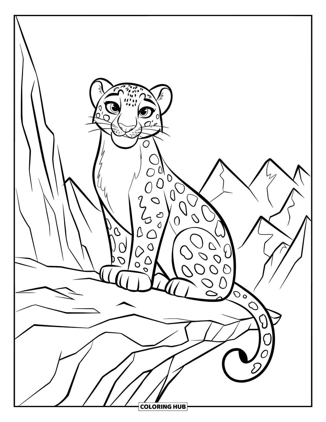 Big Cat Coloring Page for Kids: Snow leopard perched on a ledge against a mountain range