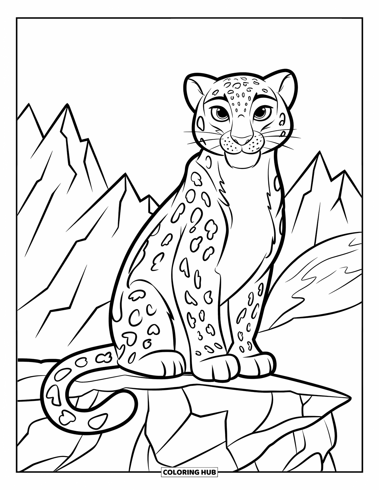 Big Cat Coloring Page for Kids: Snow leopard sitting on a rocky ledge with mountain peaks behind