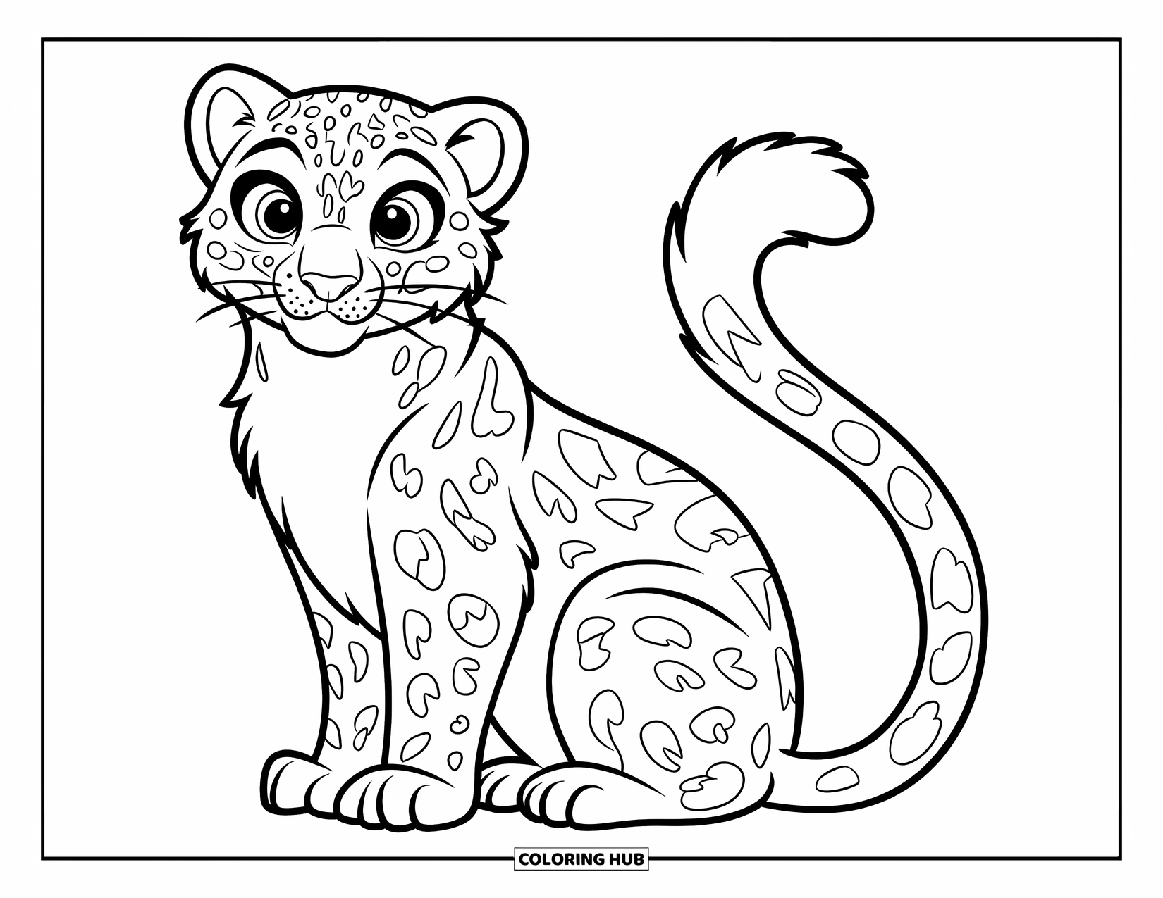 Big Cat Coloring Page for Kids: Snow leopard sitting with its fluffy tail curled around